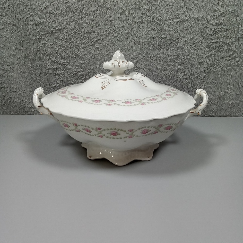 Johnson Bros England Antique Soup Tureen‎ Pink Rose Garland Gold Gilt 1902 Pat